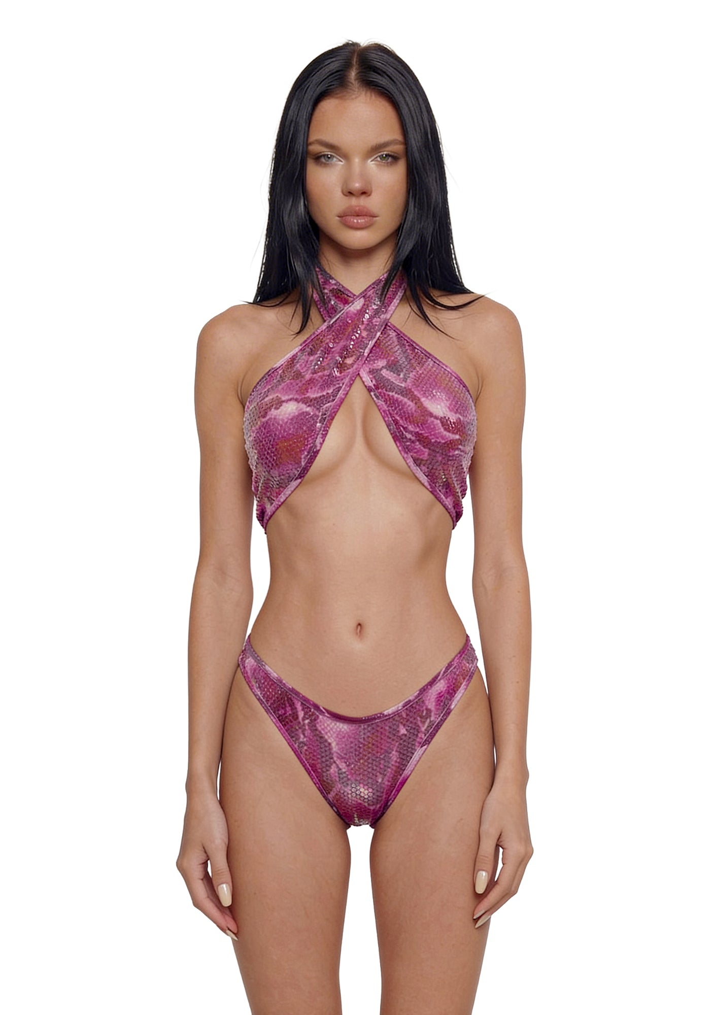 Exotic Isle Sequin Criss Cross Bikini Set - Pink