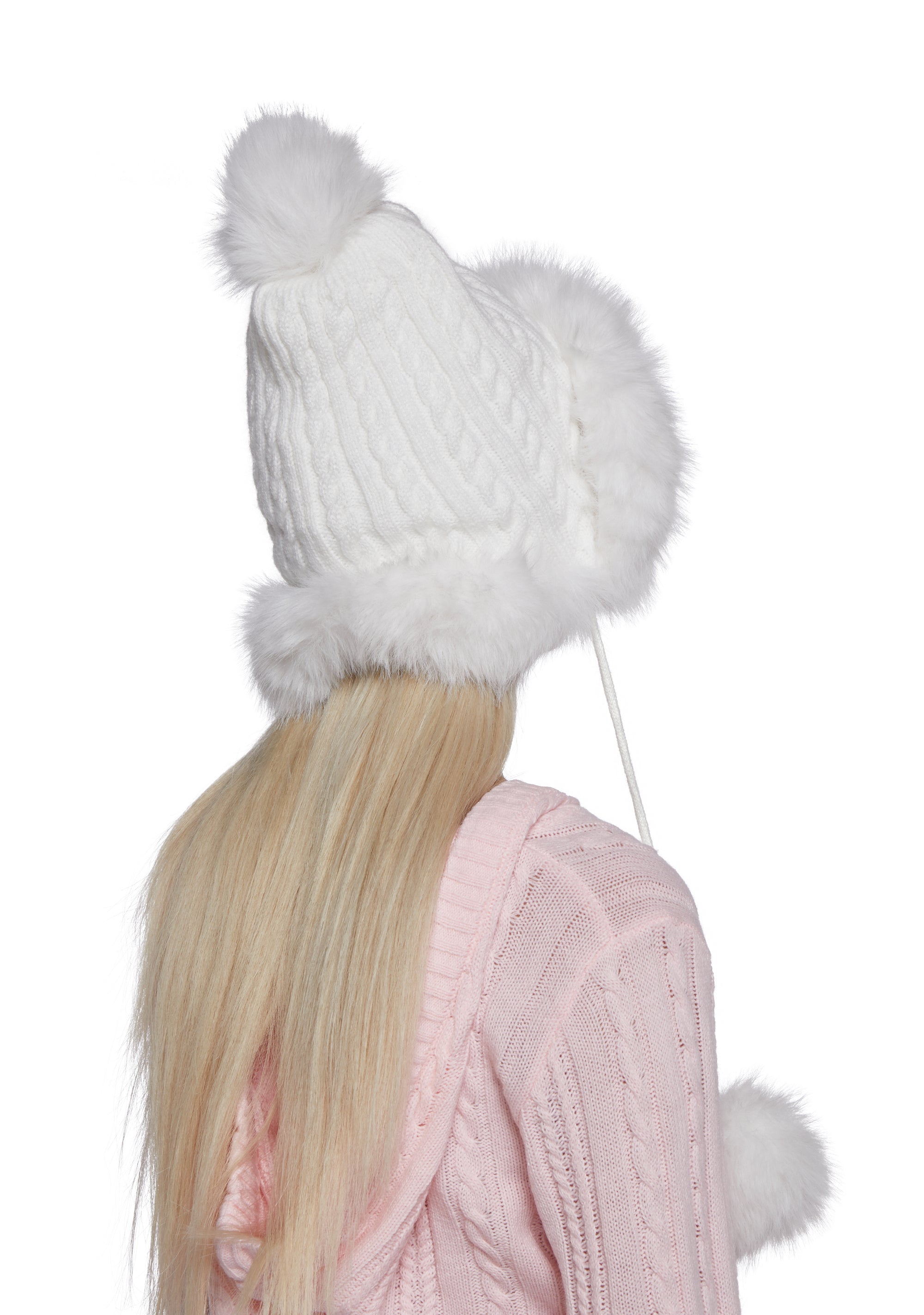 Bubble Pop Faux Fur Hat With Pom Poms - White - Image 3