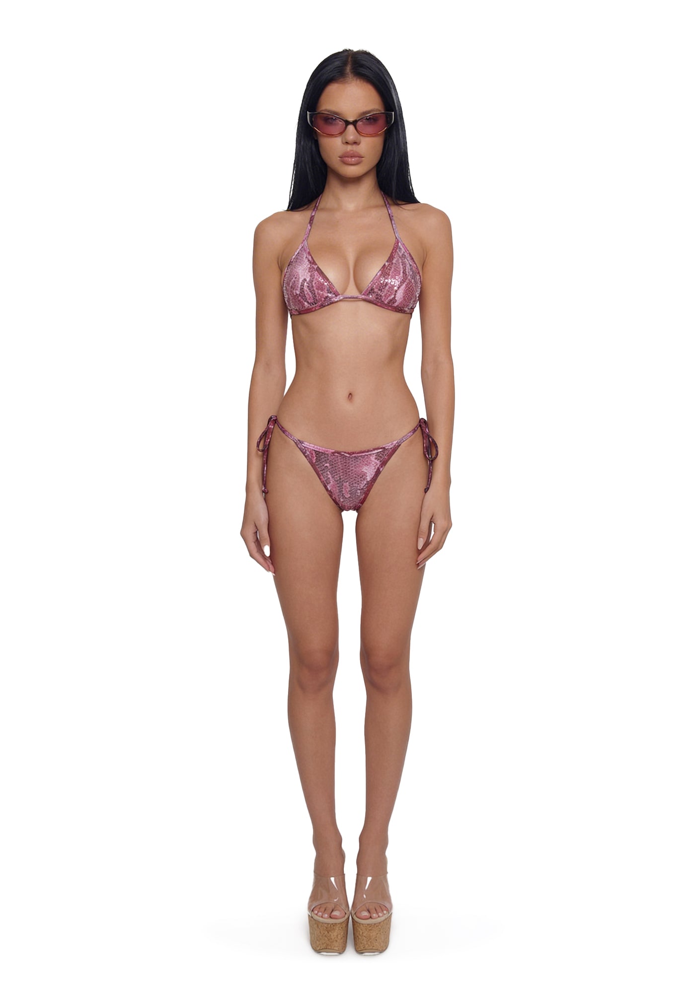 Alternative view of Exotic Isle Sequin Triangle Bikini Set - Pink
