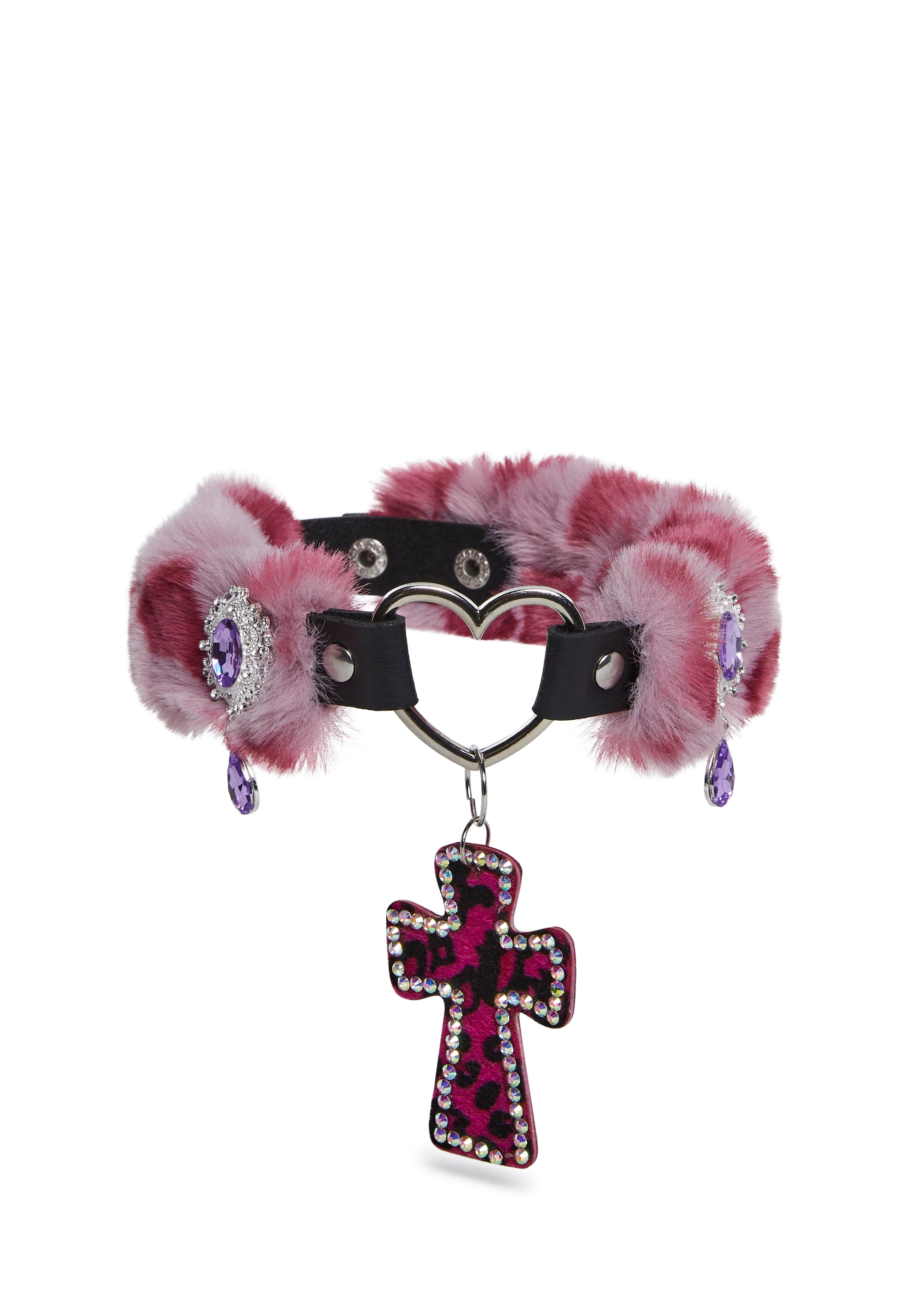 Vampy Wink Fur Cross Necklace - Pink - Image 4