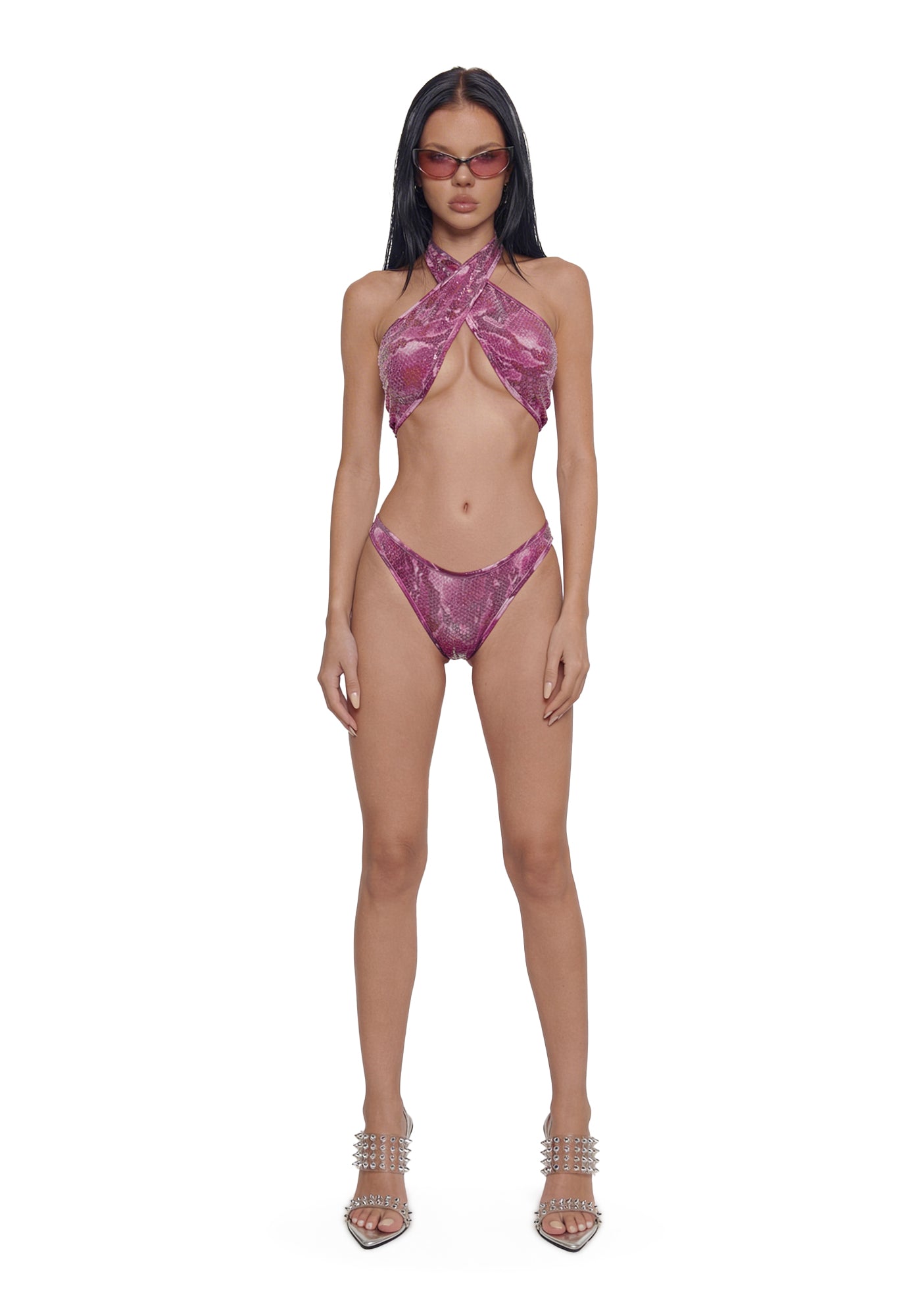 Alternative view of Exotic Isle Sequin Criss Cross Bikini Set - Pink