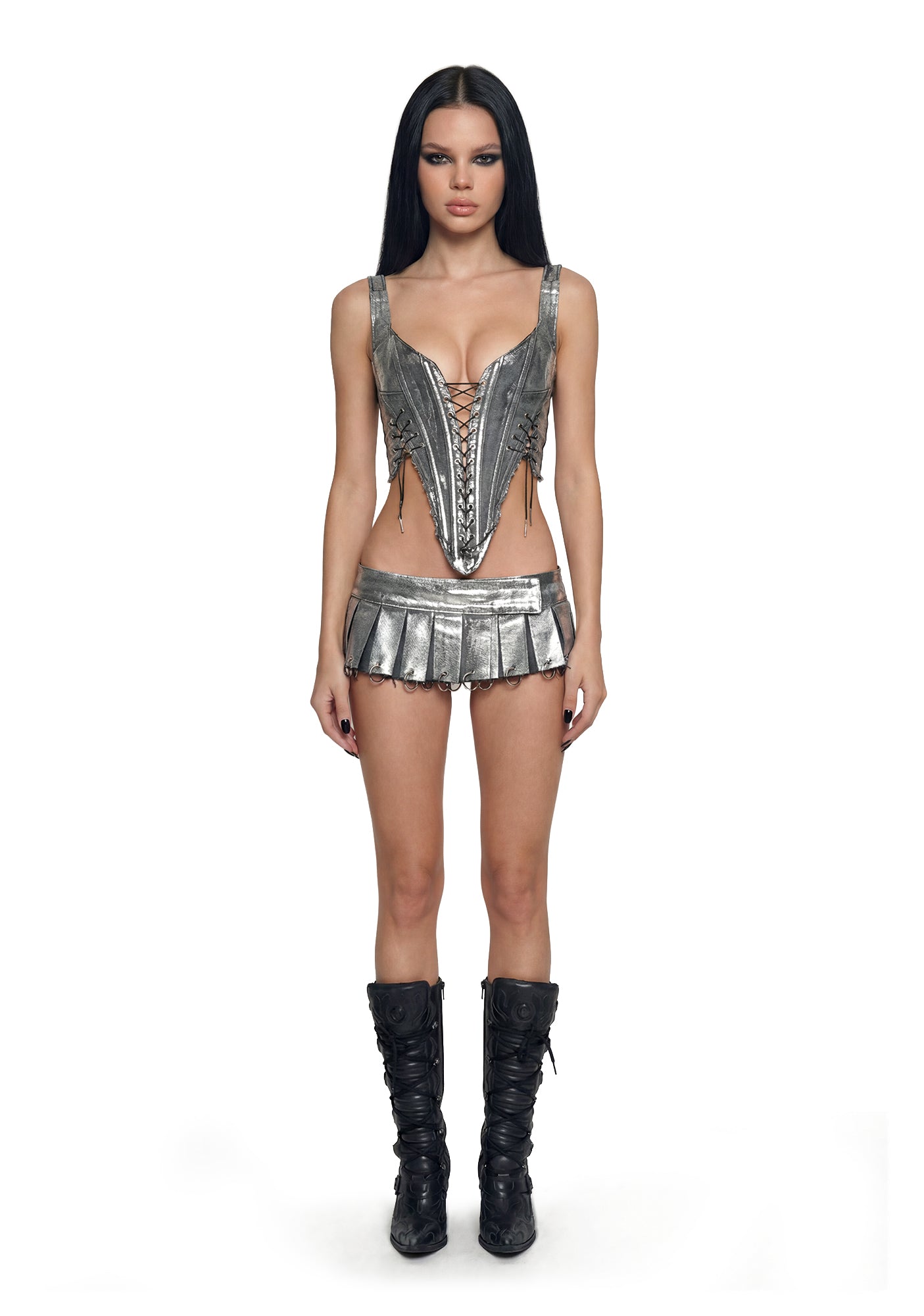 Pleated Denim Mini Skirt With Rings - Silver - Image 2