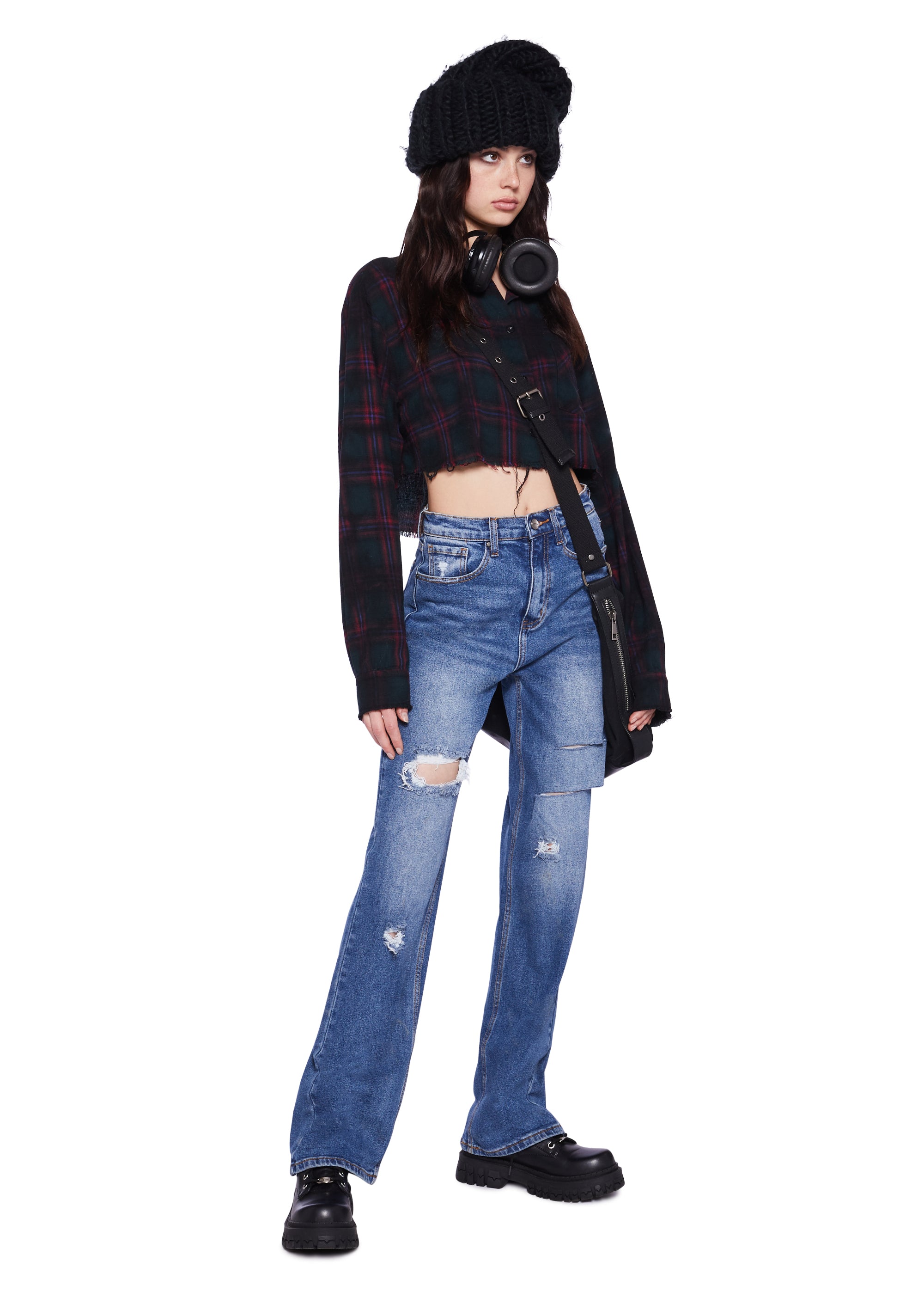 Distressed High Rise Straight Denim Jeans - Dark Blue - Image 2
