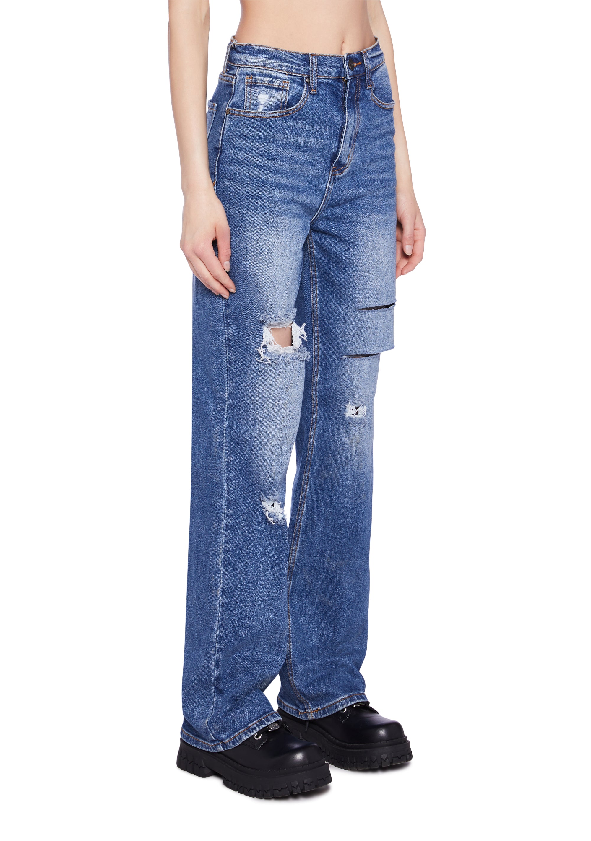Distressed High Rise Straight Denim Jeans - Dark Blue - Image 3
