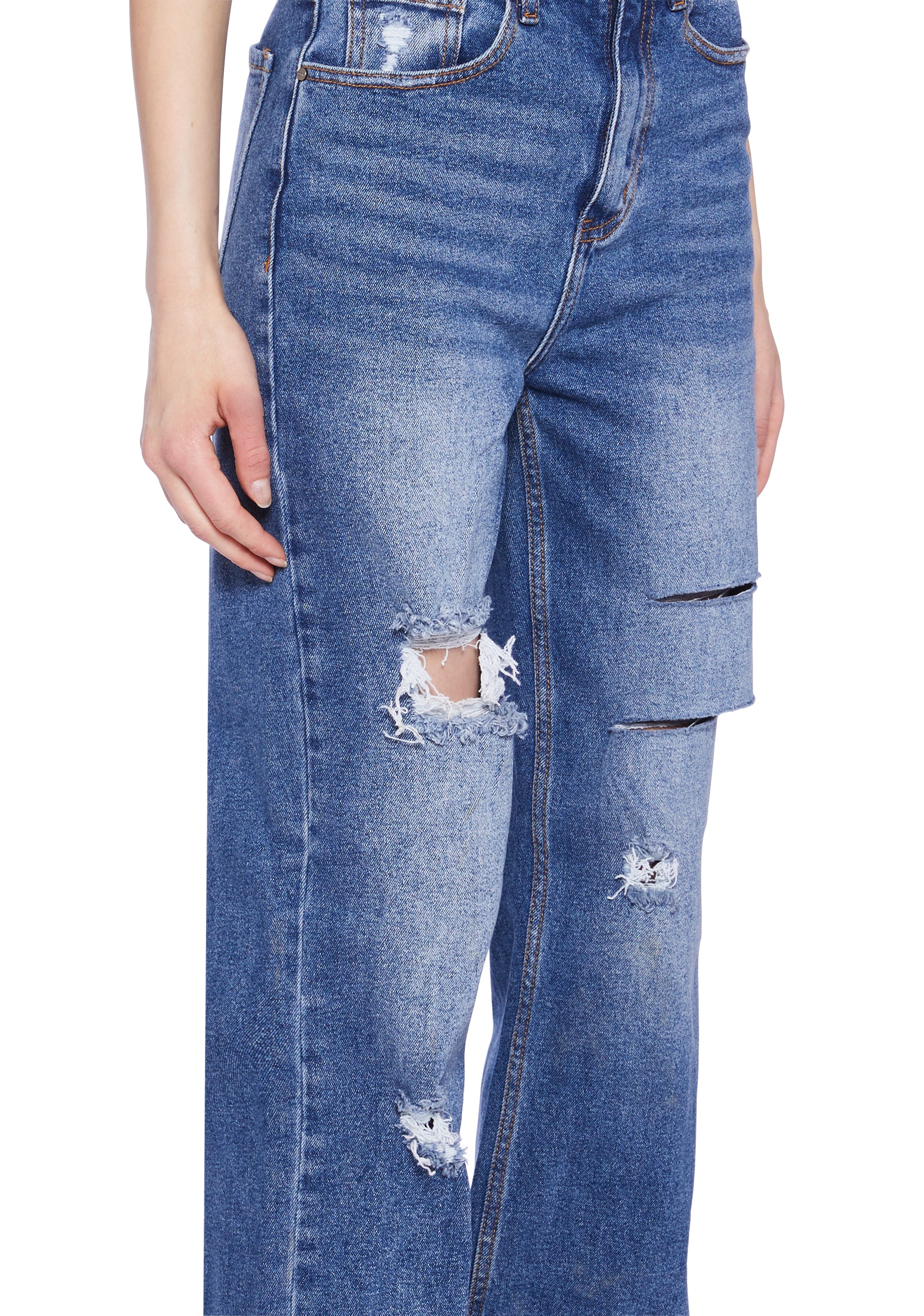 Distressed High Rise Straight Denim Jeans - Dark Blue - Image 5
