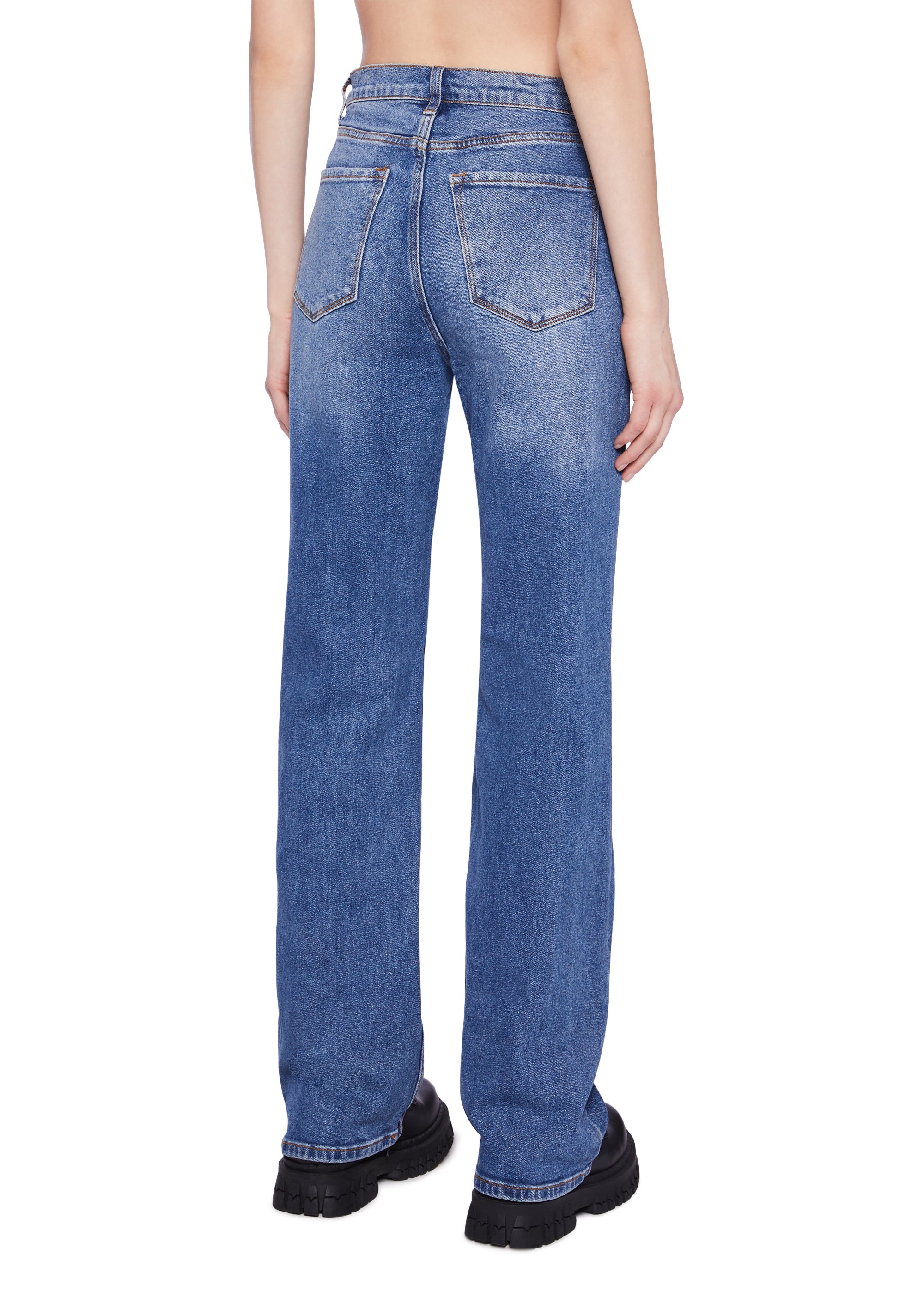 Distressed High Rise Straight Denim Jeans - Dark Blue - Image 4
