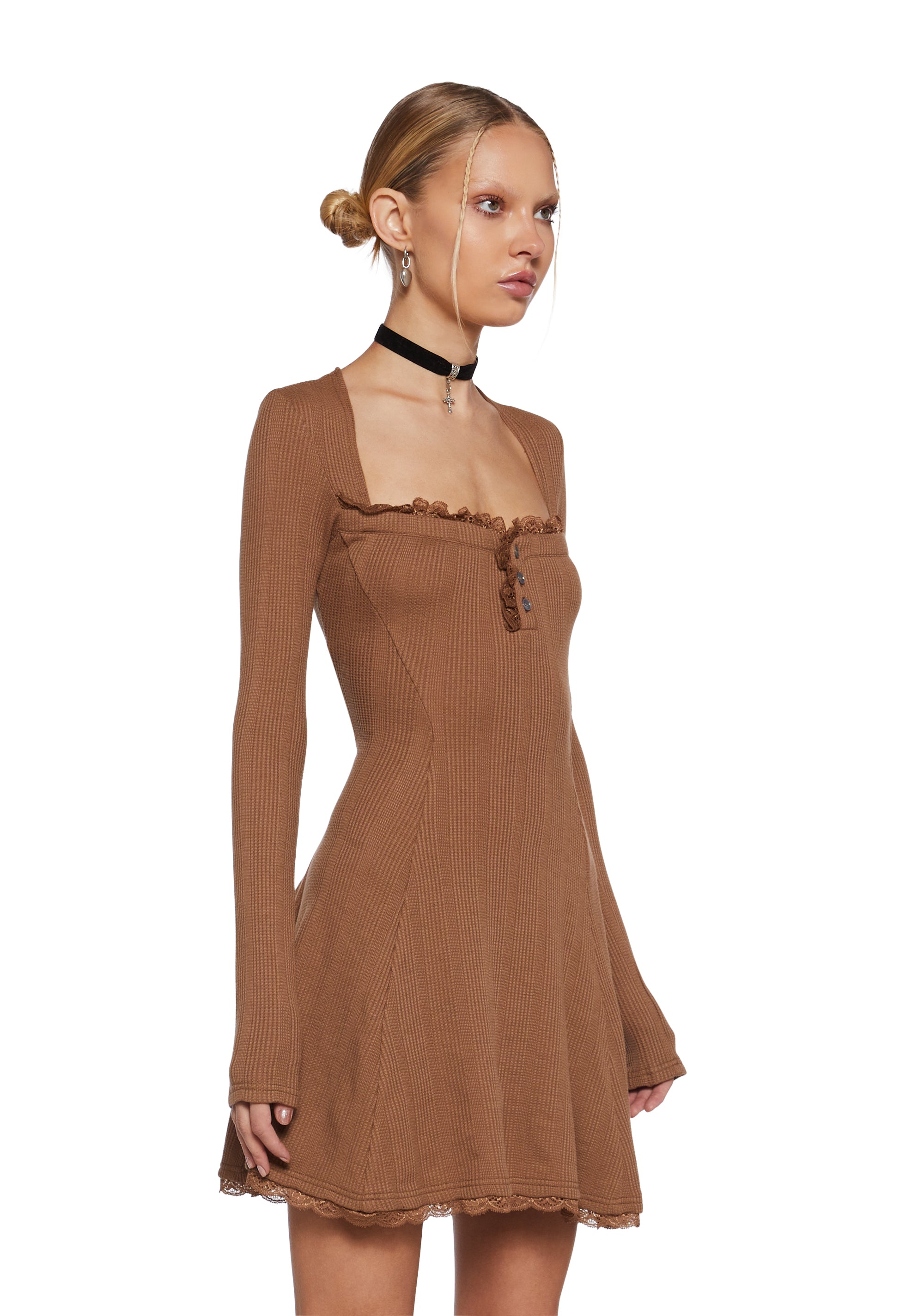 Mid Century Date Thermal Dress - Brown - Image 3