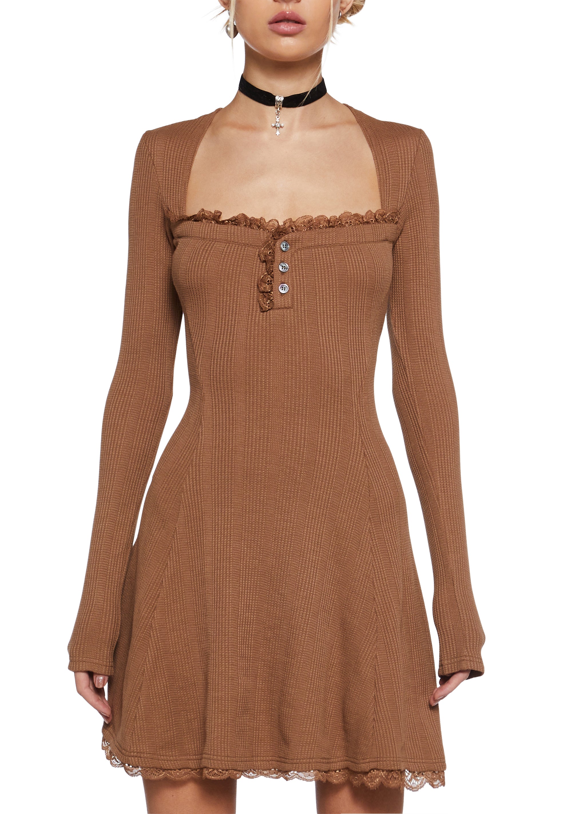Mid Century Date Thermal Dress - Brown - Image 5